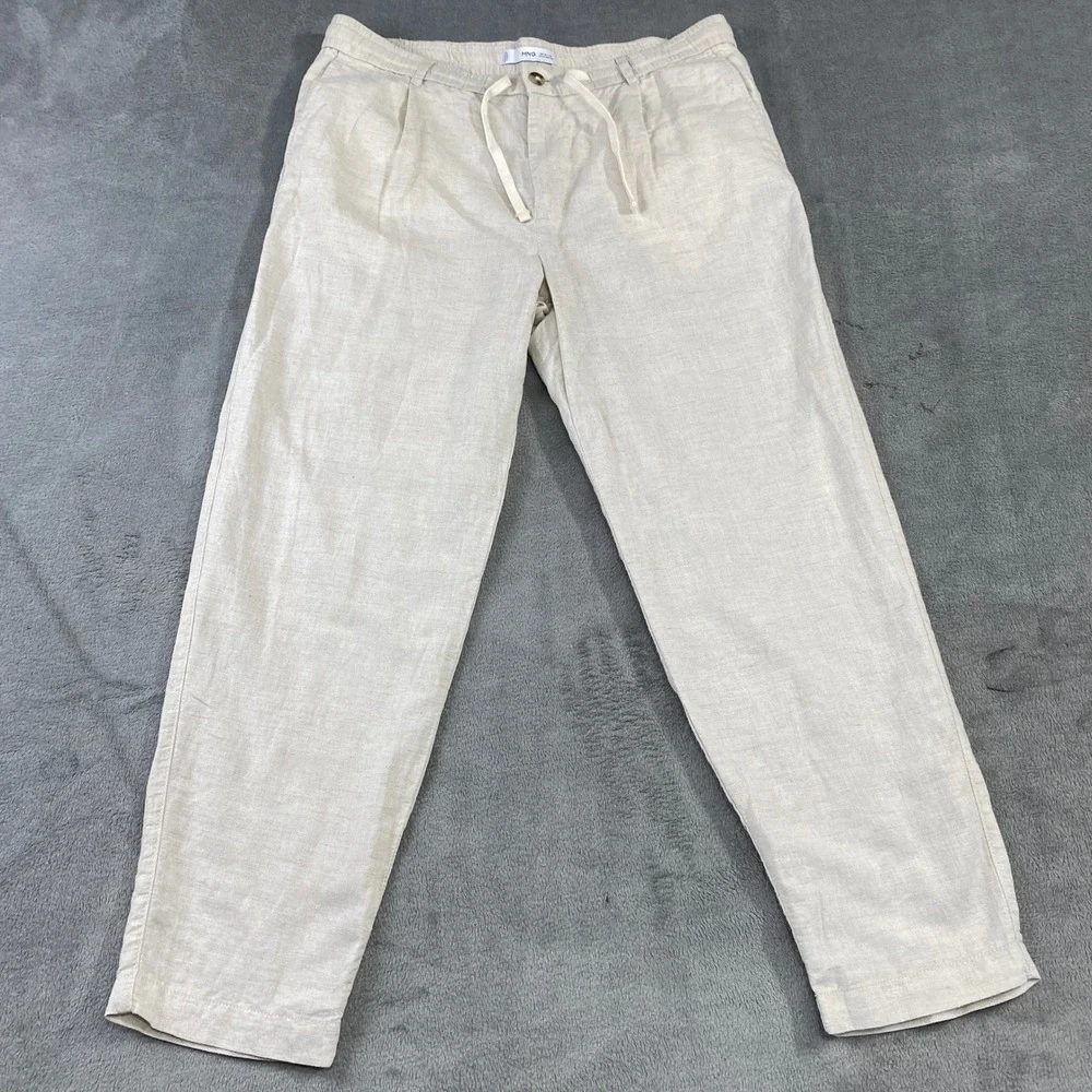 Mango MNG Men's‎ Linen Blend Drawstring Waist Pants Beige Size 36 Casual Beach